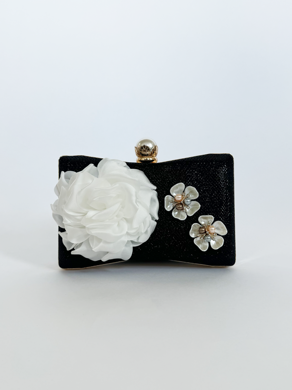 Svnx Square Clutch Bag With 3D Florals And Rhinestone Handle In Black