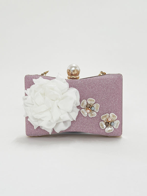 svnx Square clutch Bag with 3D florals and Rhinestone handle in Pink