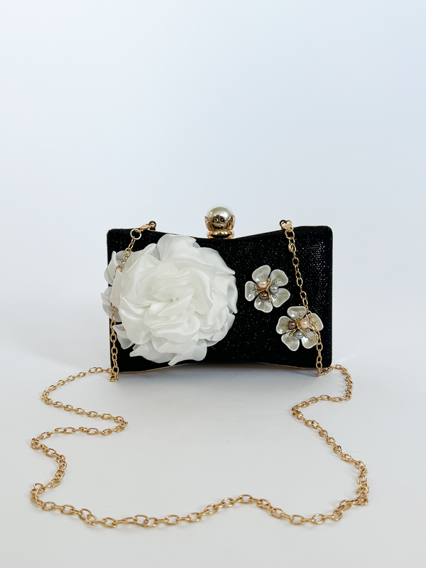 svnx Square clutch Bag with 3D florals and Rhinestone handle in Black