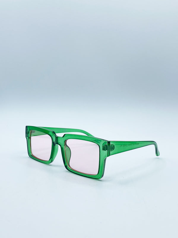 Svnx Square Frame Sunglasses In Translucent Green With Pink Lenses