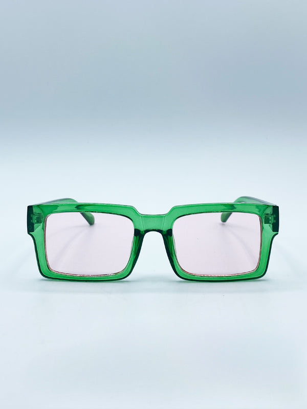svnx Square Frame Sunglasses in Translucent Green with Pink Lenses