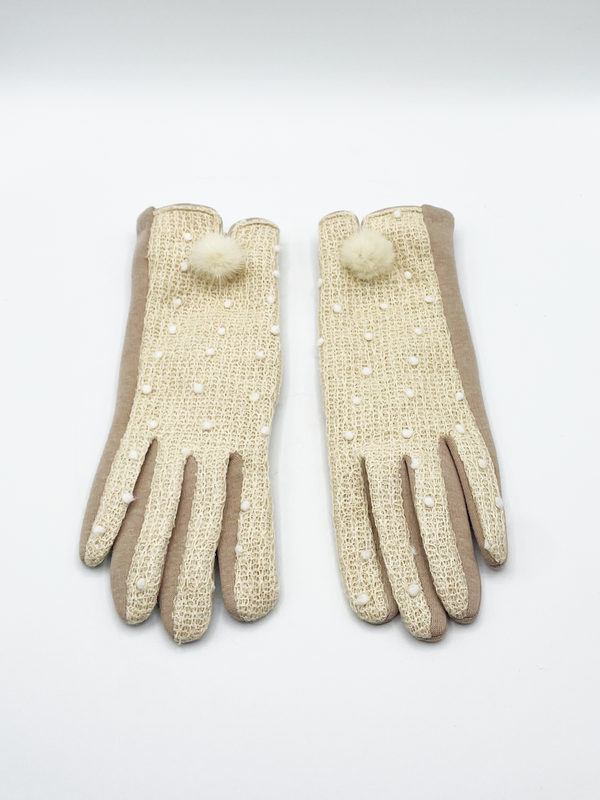 Svnx Beige Crochet Gloves With Pom Pom