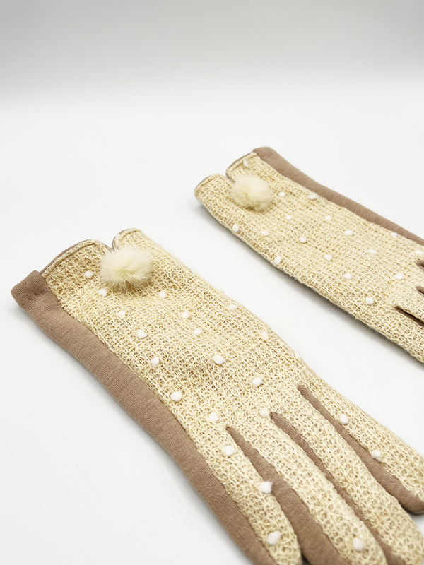 Svnx Beige Crochet Gloves With Pom Pom