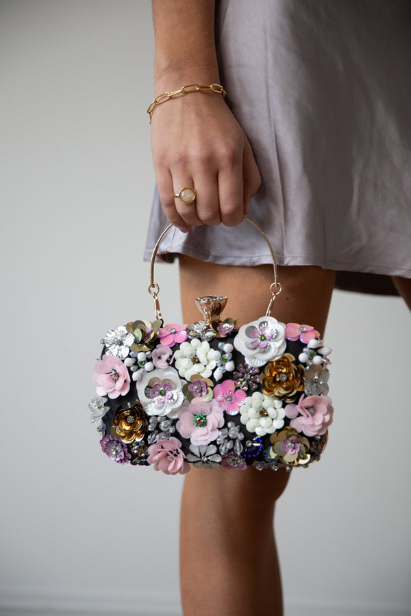 Svnx Black Floral Applique Clutch Bag