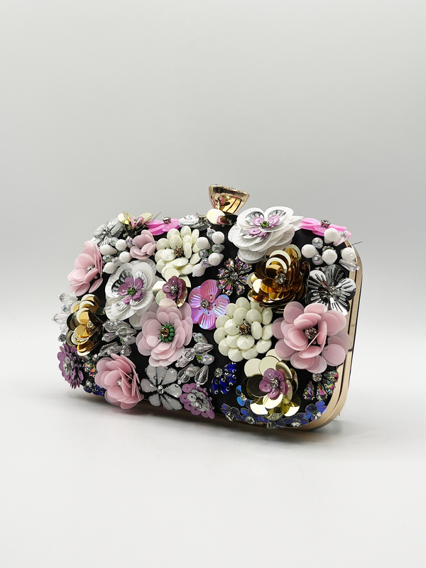 Svnx Black Floral Applique Clutch Bag
