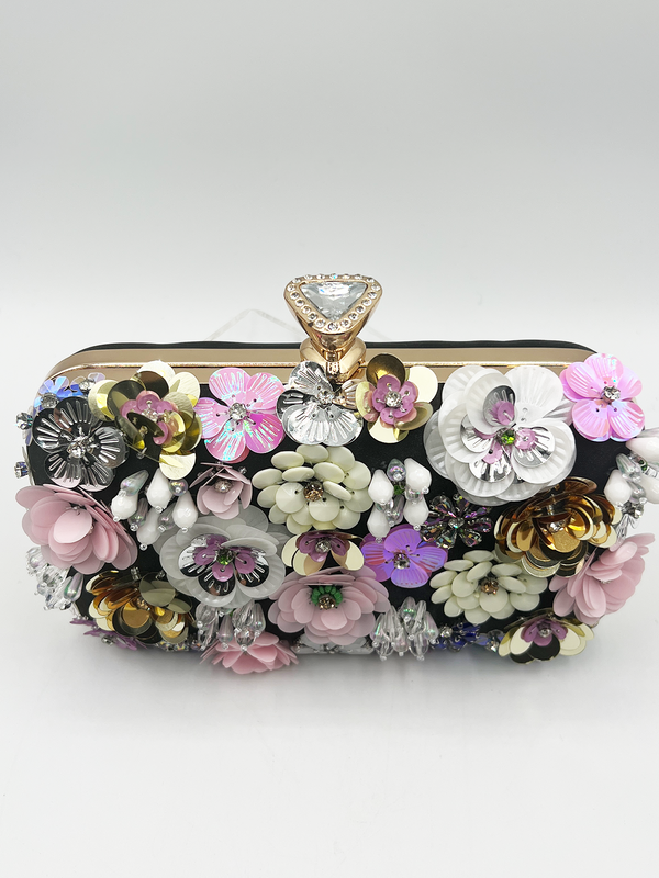 Svnx Black Floral Applique Clutch Bag