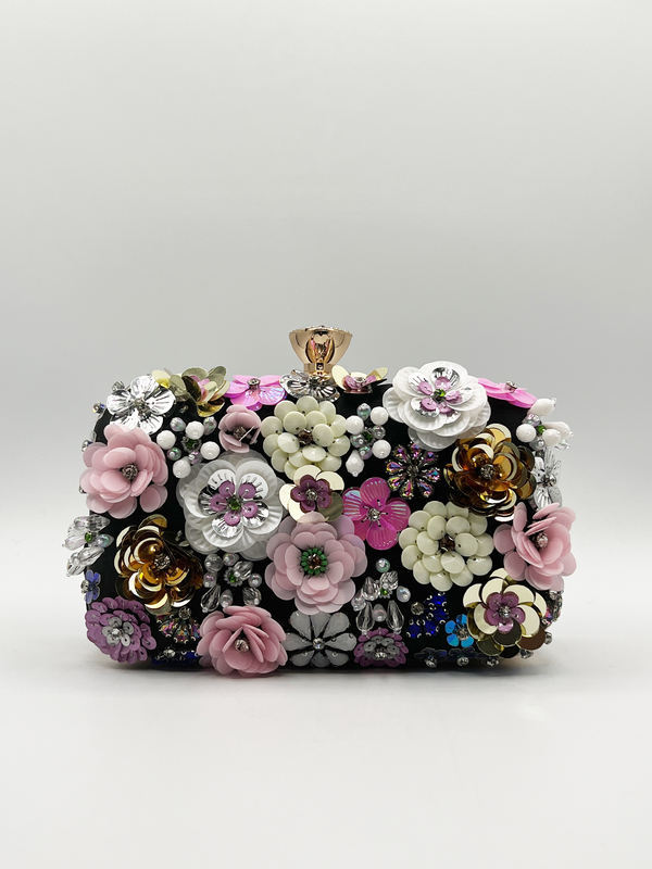 svnx Black Floral Applique Clutch Bag