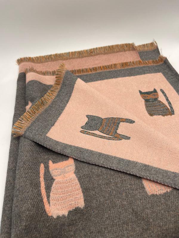 Svnx Cat Printed Scarf In Pink & Grey - Wool Blend