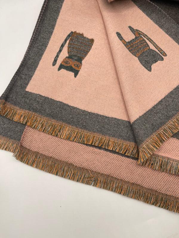 Svnx Cat Printed Scarf In Pink & Grey - Wool Blend
