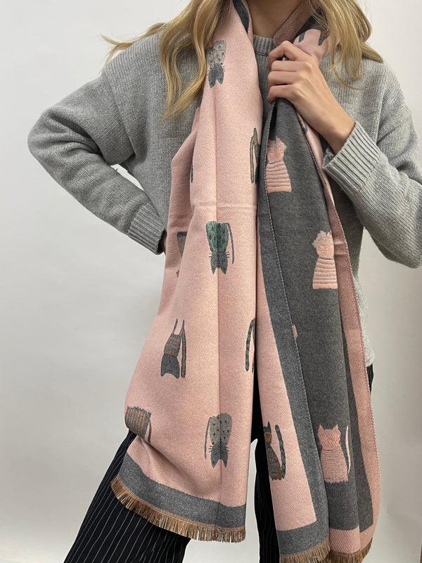 Svnx Cat Printed Scarf In Pink & Grey - Wool Blend