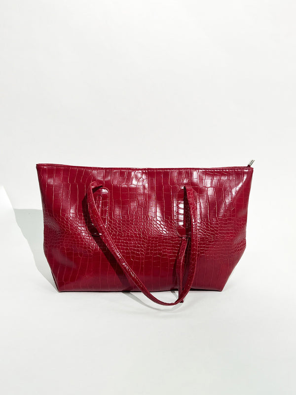 Svnx Croc Patent Tote Bag In Dark Red