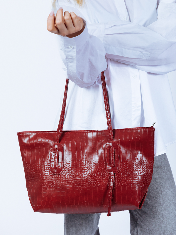 Svnx Croc Patent Tote Bag In Dark Red