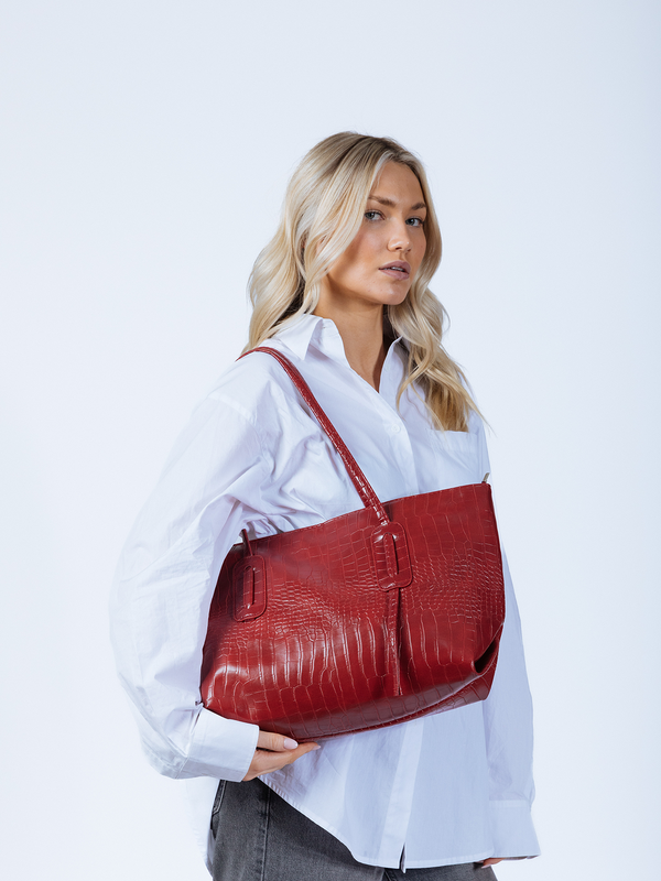 Svnx Croc Patent Tote Bag In Dark Red
