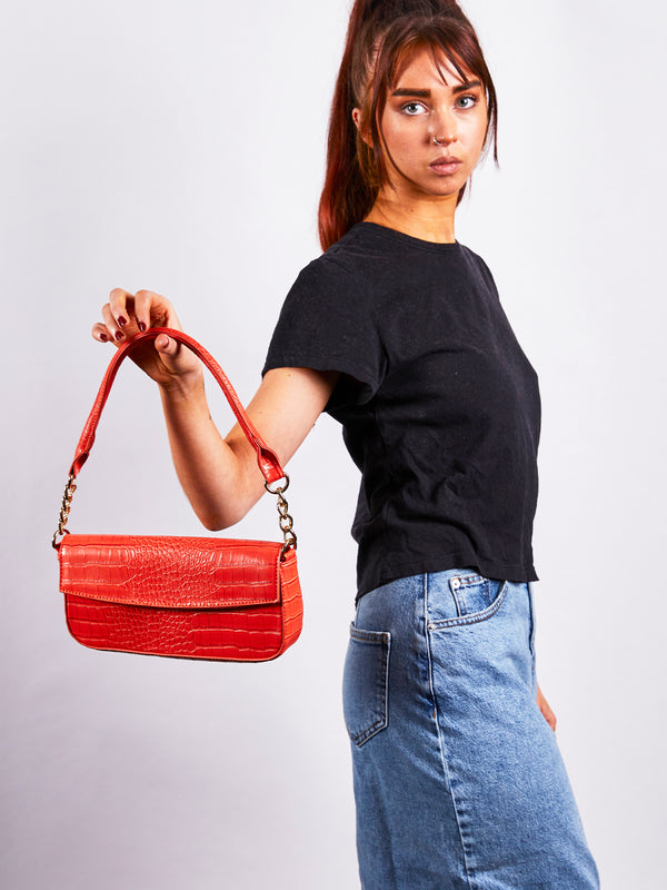 Svnx SVNX Croc PU Mini Pillow Bag With Flap In Setting Sun