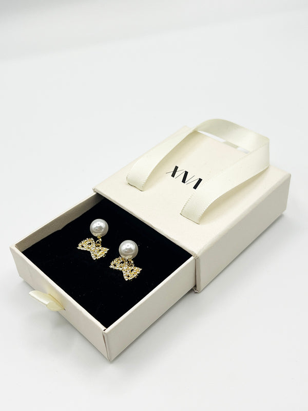Svnx Diamante Bow Pearl Drop Earrings - Gift Boxed