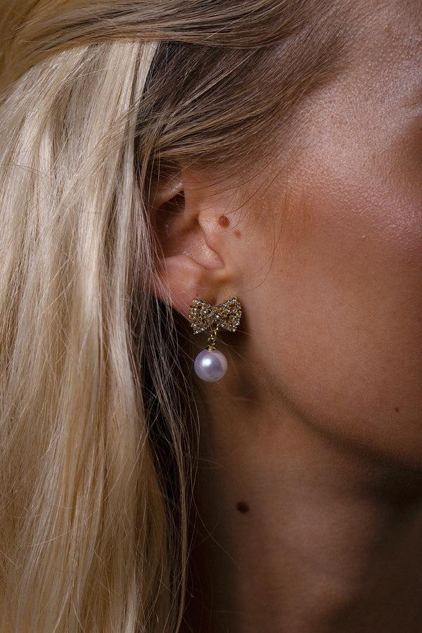 Svnx Diamante Bow Pearl Drop Earrings - Gift Boxed