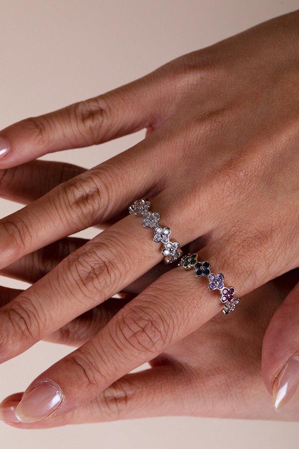 Svnx Diamante Clover Ring In Multi Silver