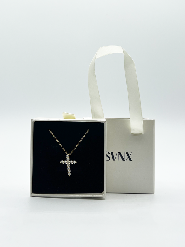 svnx Diamante Cross Necklace in Gold - Gift Boxed