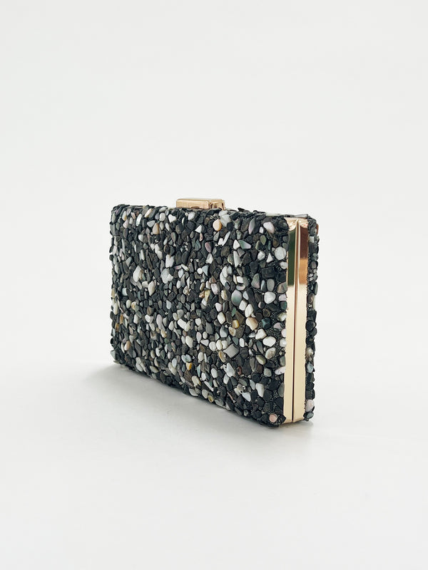 svnx Embellished Clutch bag in Black Speckle
