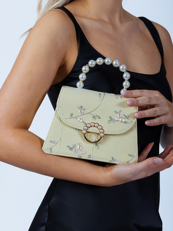 svnx Embroidered Floral Pearl Top Handle Bag