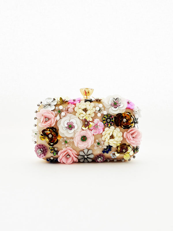 svnx Floral Applique Clutch Bag in Cream