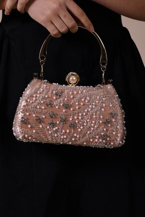 Svnx Floral Beaded Clutch Bag In Champagne