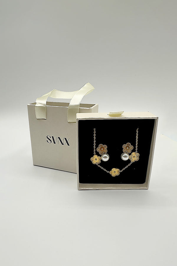 Svnx Floral Pearl Stud Earrings & Bracelet In Gold