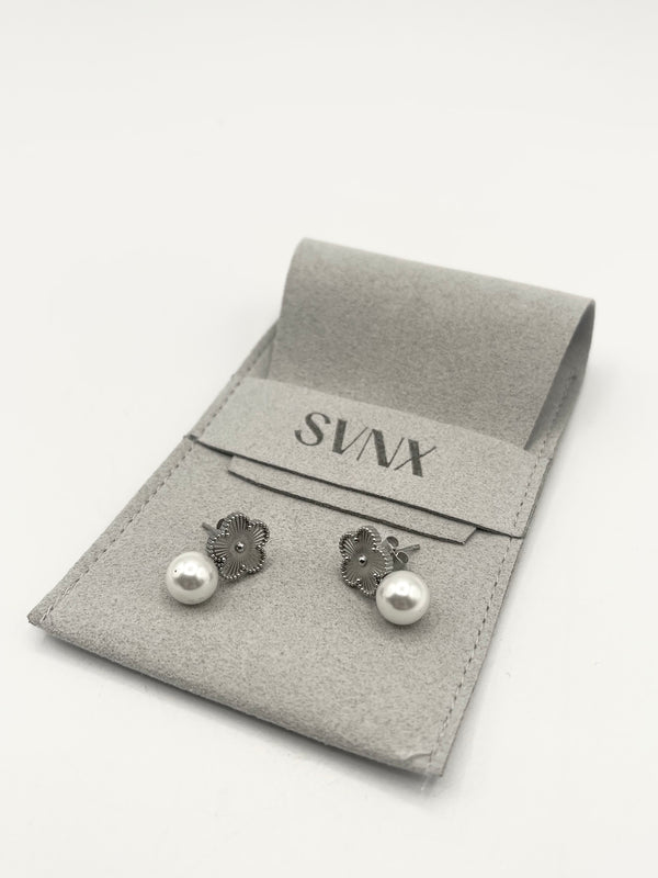 Svnx Floral Pearl Stud Earrings In Silver