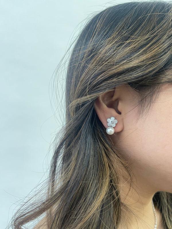 Svnx Floral Pearl Stud Earrings In Silver