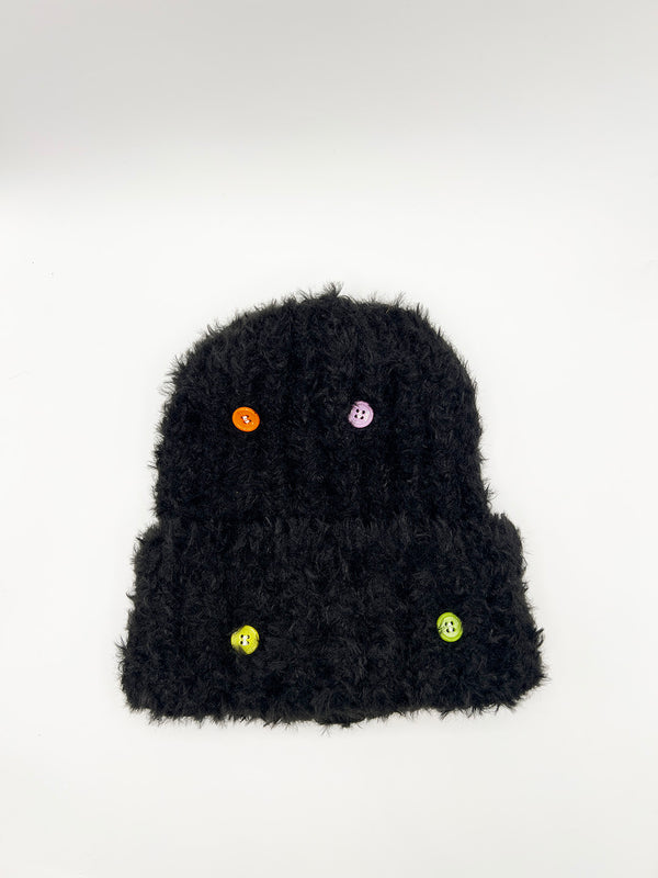 Svnx Fluffy Beanie Colourful Buttons In Black