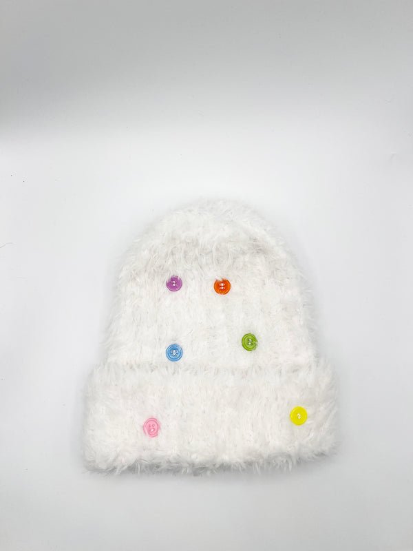 Svnx Fluffy Beanie Colourful Buttons In Off White