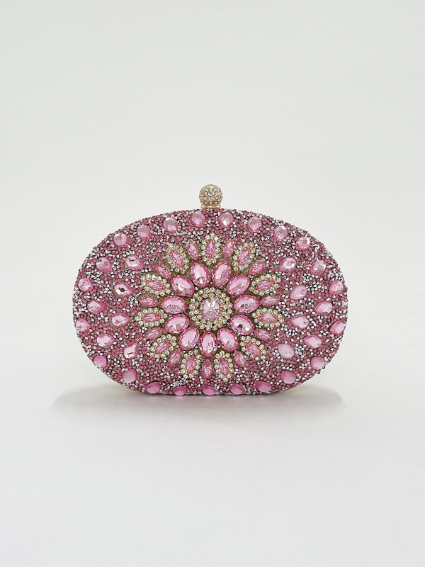 svnx Gold Oval Clutch Bag with Pink Stones