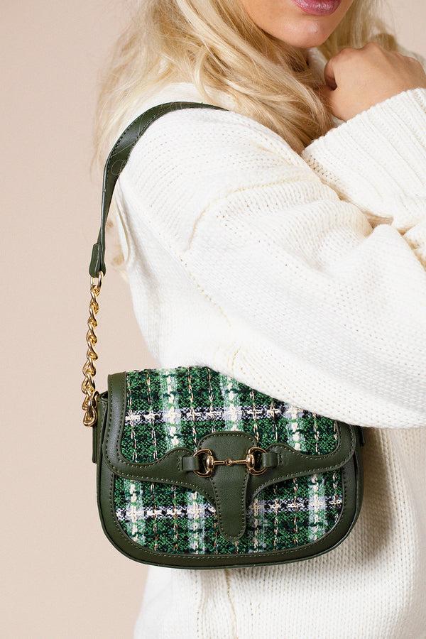 Svnx Knit Check Shoulder Bag In Khaki Green