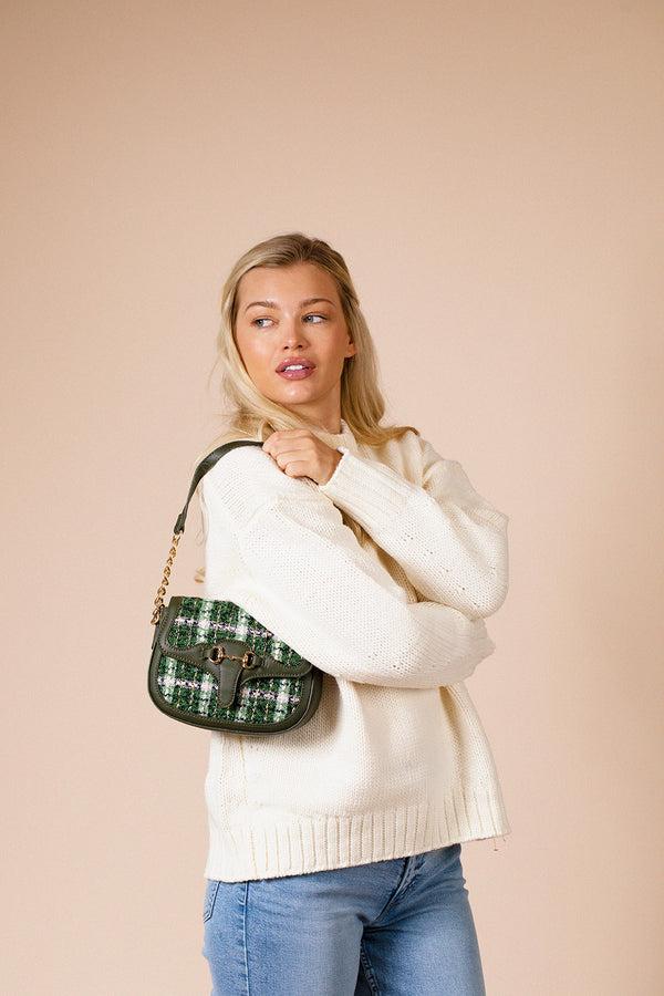 svnx Knit Check Shoulder Bag in Khaki Green