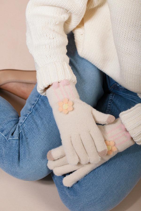 svnx Knit Floral Gloves in Beige