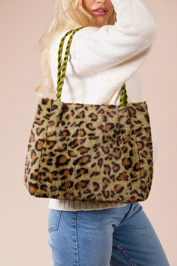 Svnx Leopard Faux Fur Tote In Olive
