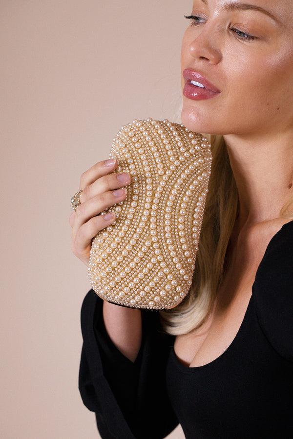 Svnx Oval Pearl Clutch Bag In Gold
