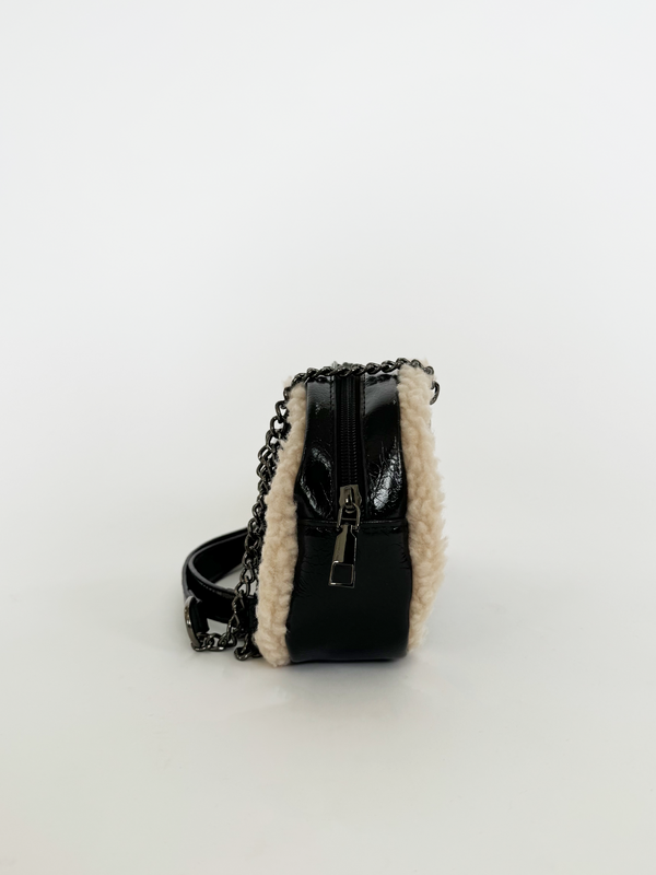 Svnx Patent Shoulder Bag With Borg Fur Trim