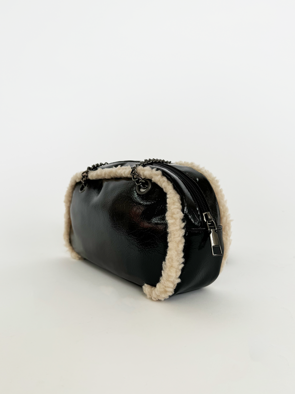 svnx Patent Shoulder Bag with Borg Fur Trim