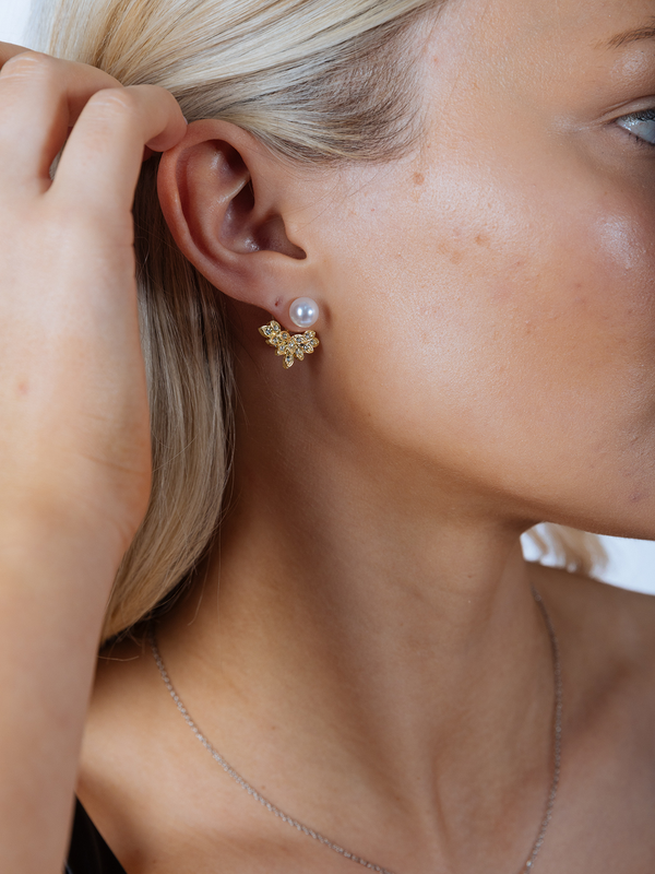 svnx Pearl Leaf Earrings in Light Gold - Gift Boxed