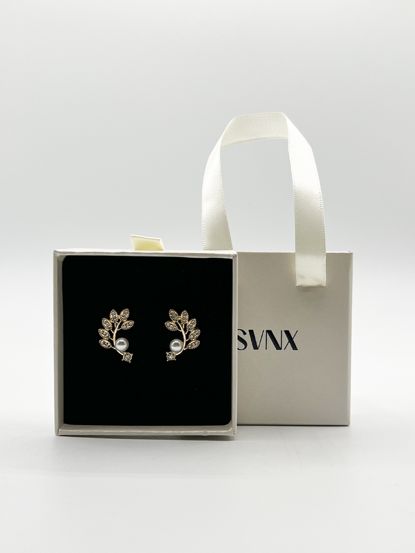 svnx Pearl Leaf Stud Earring in Gold - Gift Boxed