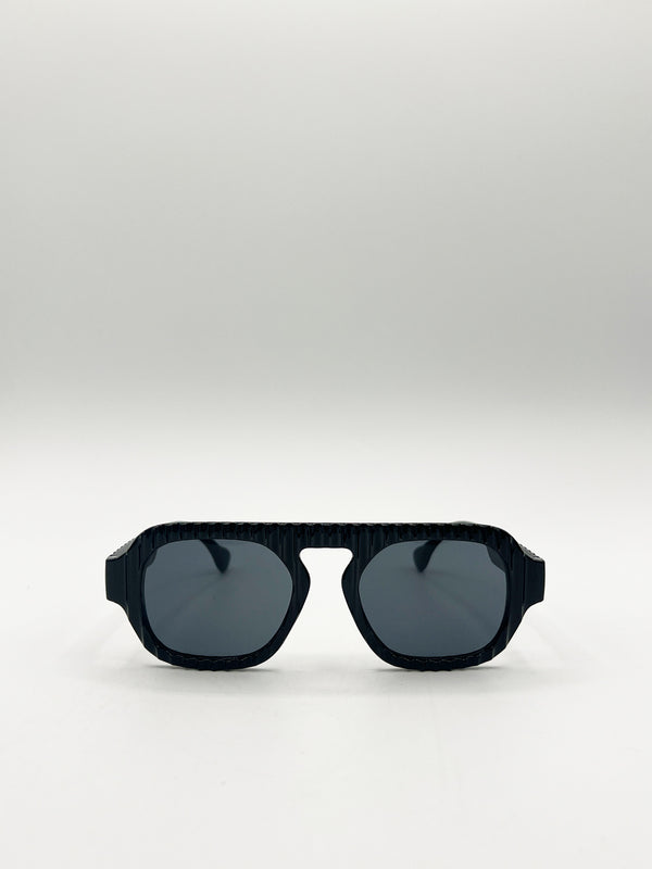 Svnx Retro Ribbed Navigator Sunglasses In Black