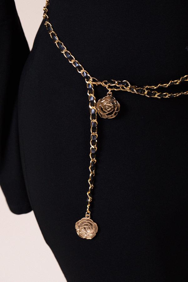 Svnx Rose Chain Faux Leather Belt In Black Gold
