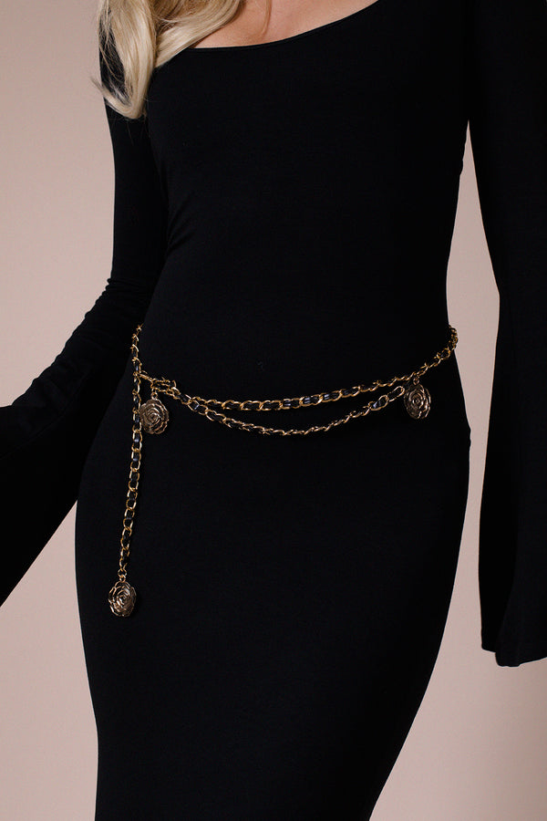 Svnx Rose Chain Faux Leather Belt In Black Gold