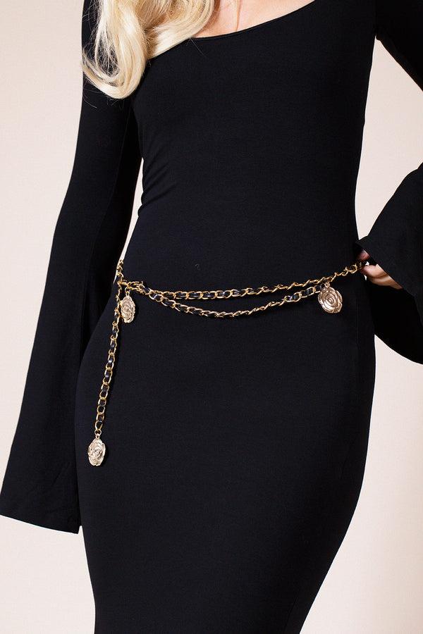 svnx Rose Chain Faux Leather Belt In Black Gold