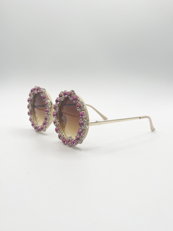 Svnx Round Floral Crystal Gem Sunglasses In Pink