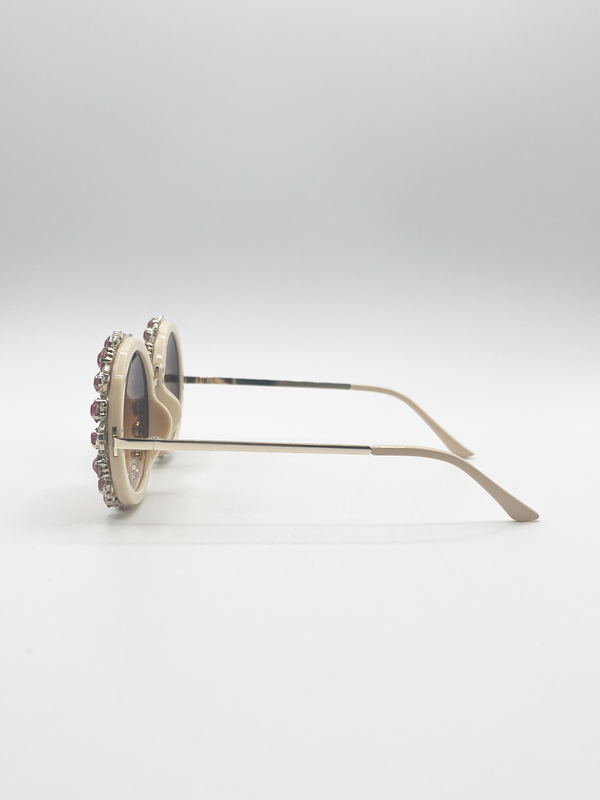 Svnx Round Floral Crystal Gem Sunglasses In Pink