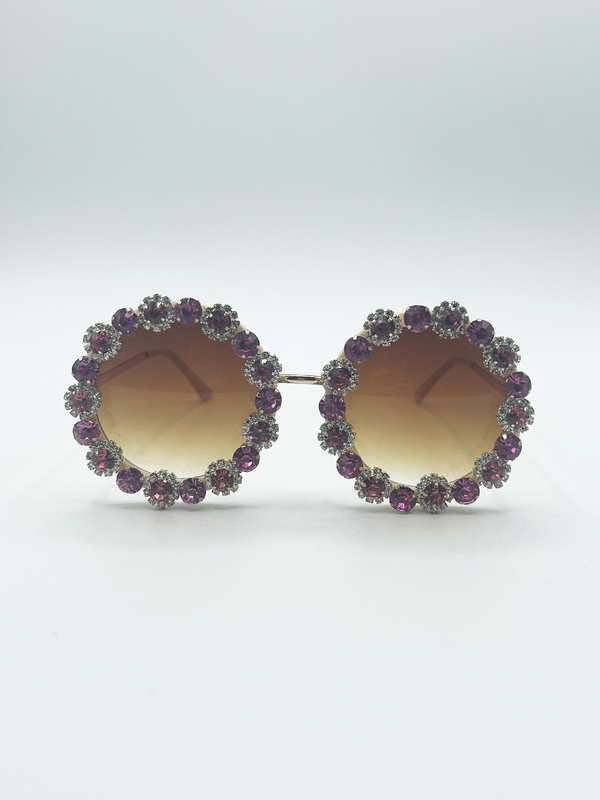 svnx Round Floral Crystal Gem Sunglasses in Pink
