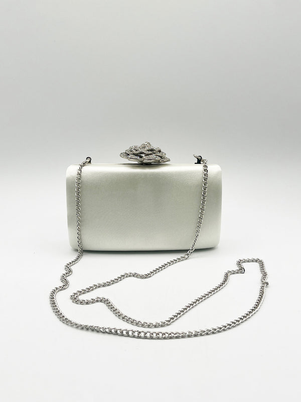 Svnx Satin Clutch Bag With Rose Jewel In Ivory