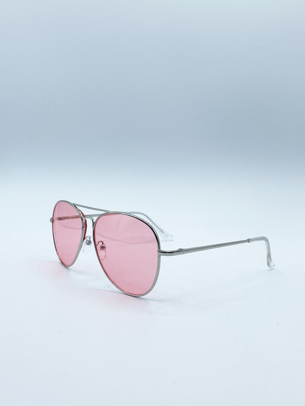 Svnx Silver Frame Aviators With Pink Lenses